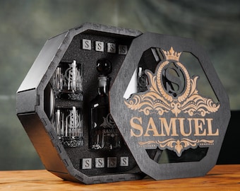 Juego de decantador de whisky grabado, vasos de bourbon personalizados, caja de madera, regalo de Navidad personalizado
