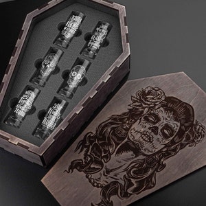 Gepersonaliseerde tequila-set, Dia de los Muertos, uniek cadeau Santa Muerte, tequila-glazenset, tequila-set met bril met vluchtbord