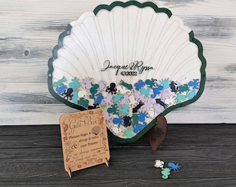 Beach Themed Wedding Decor, Personalized Sea Shell Guest Book, Nautical Guestbook, Alternative Drop Box, Wood Drop Top Unique Wedding Sign