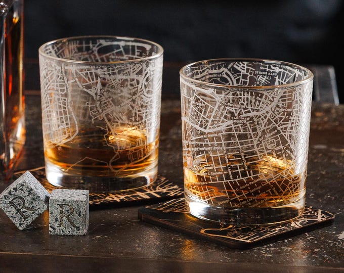 Personalized Map Rocks Glass Set with Engraved Location, Custom Stones & Coasters – Unique Whiskey Gift for Him