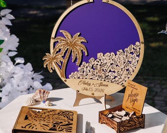 Personalized Palm Tree Wedding Guest Book Drop Box with Wooden Hearts and Tropical Decor