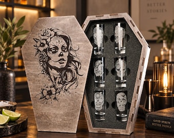 Zestaw kieliszków do shotów z czaszką cukrową, spersonalizowane pudełko w kształcie trumny, prezent na tequilę Santa Muerte, Dzień Zmarłych