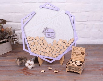 Hexagon Frame Wedding Alternative Wood Guest Book, Geometric Boho Wooden Shape Custom Drop Box, Lavender Wedding Delicate Style Guestbook