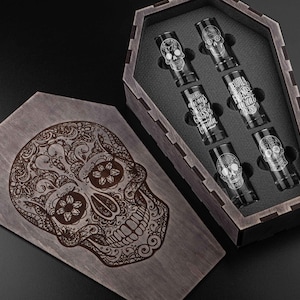 Engraved Tequila Shot Glasses with Sugar Skull – Unique Santa Muerte Gift for Men, Groomsmen, Dad or Partner