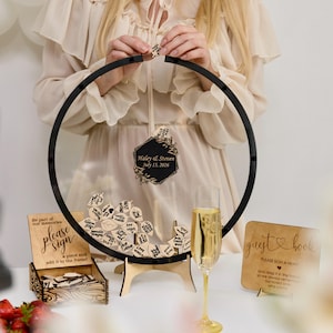 Gepersonaliseerde rustiek rond houten bruiloftsgastenboek alternatief met hart druppeldoos - aangepaste acryllijst voor uniek decor zomerceremonie