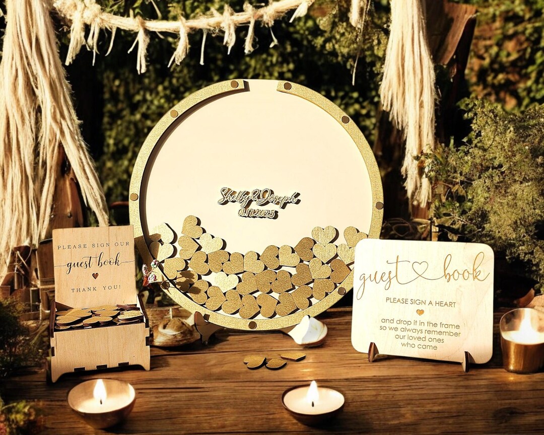 Boho Round Wedding Guest Book Personalized Drop Box Alternative Wooden ...