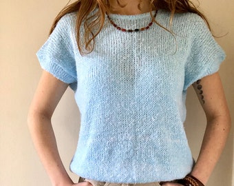 gilet tricoté vintage des années 80, gilet vintage, tricot bleu, tricots bohèmes, vêtements des années 80