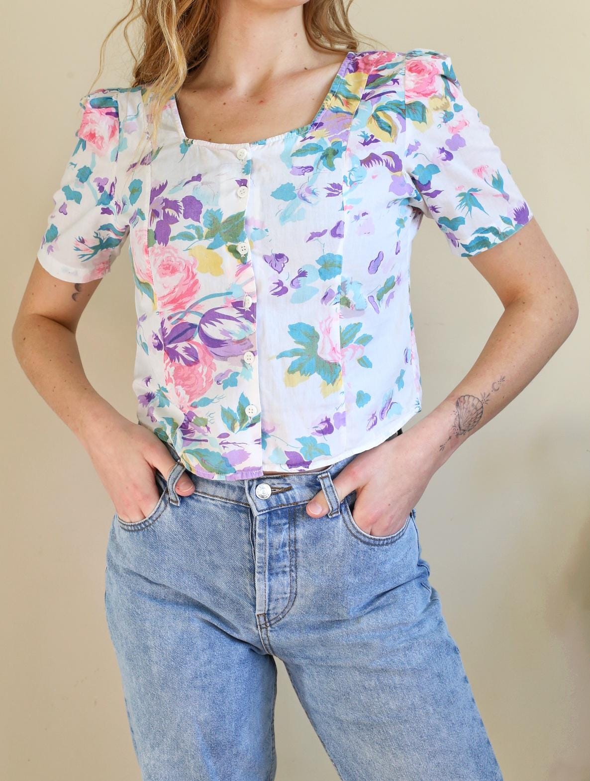 Chemisier à Motifs Floraux Yessica - Taille L (44) - Coton - Manches Longues - Occasion Très Bon état