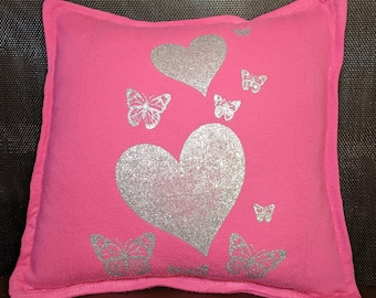 Pink Heart and Butterfly pillow, cover only