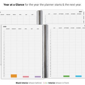The image is a page from a planner showing the months and days for the year, with a color-coded layout.