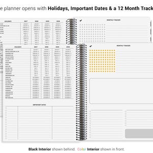 a planner with a 12-month tracking feature, including sections for holidays, important dates, and a calendar. The planner is open and ready to use.