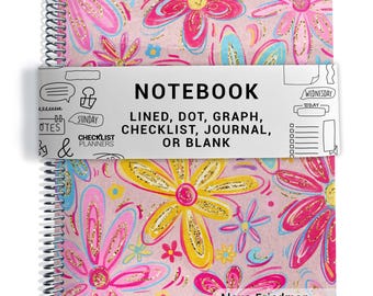 Notebook, Lined, Checklists, Dot Grid, Graph, Journal, Diary, or Blank Pages, Happy Floral - Silver Coil