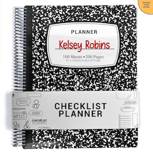 May include: A spiral-bound planner with a black and white speckled composition cover. The label reads PLANNER, Kelsey Robins, 100 Sheets, 200 Pages, 8.5 x 11 in. A white belly band features the text CHECKLIST PLANNER and various icons.