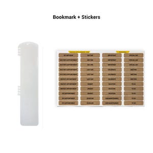a white bookmark and a stack of brown sticky notes, both of which are used for organization and note-taking purposes.