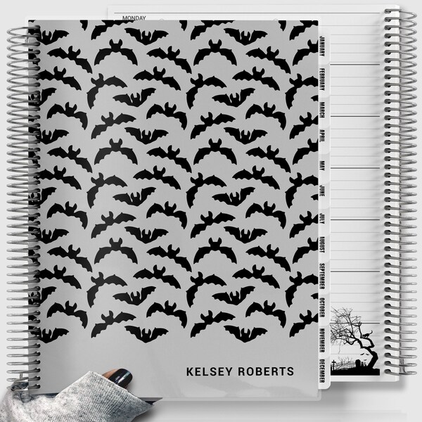 Spooky Planner, Witchy Bat Planner, To Do List, Personalized Planner 2024-2025, Vertical or Horizontal, Dark Black Planner 073