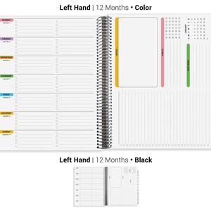 The image is a 12-month spiral-bound planner with a black cover, featuring a left hand section for scheduling and a right hand section for tracking progress.