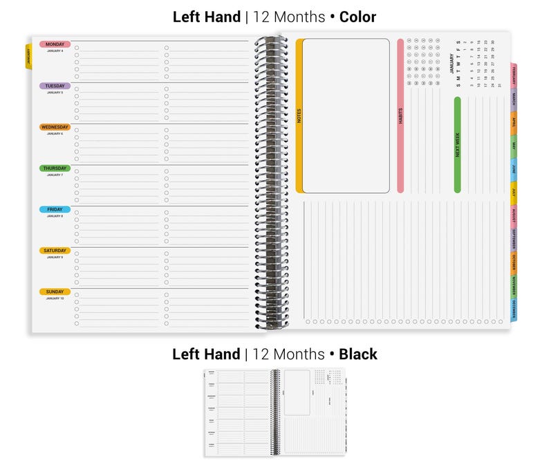The image is a 12-month spiral-bound planner with a black cover, featuring a left hand section for scheduling and a right hand section for tracking progress.