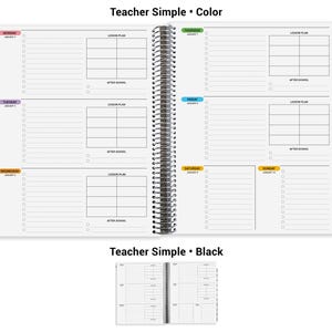 The image is a teacher's simple planner with a black color scheme. It features a spiral-bound notebook with a daily schedule, including sections for lessons, after school, and weekends. The planner is designed to help teachers manage their time and tasks efficiently.