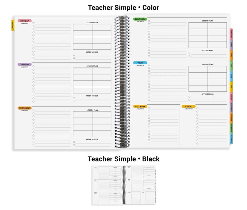 The image is a teacher's simple planner with a black color scheme. It features a spiral-bound notebook with a daily schedule, including sections for lessons, after school, and weekends. The planner is designed to help teachers manage their time and tasks efficiently.