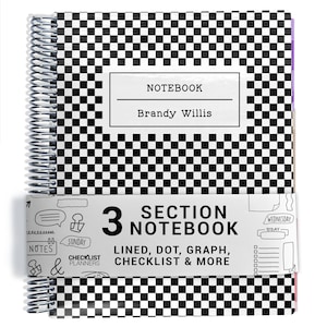 May include: A spiral-bound notebook with a black and white checkered pattern. The cover features a white rectangular label with the text NOTEBOOK and Brandy Willis. A paper band reads 3 SECTION NOTEBOOK LINED, DOT, GRAPH, CHECKLIST & MORE.