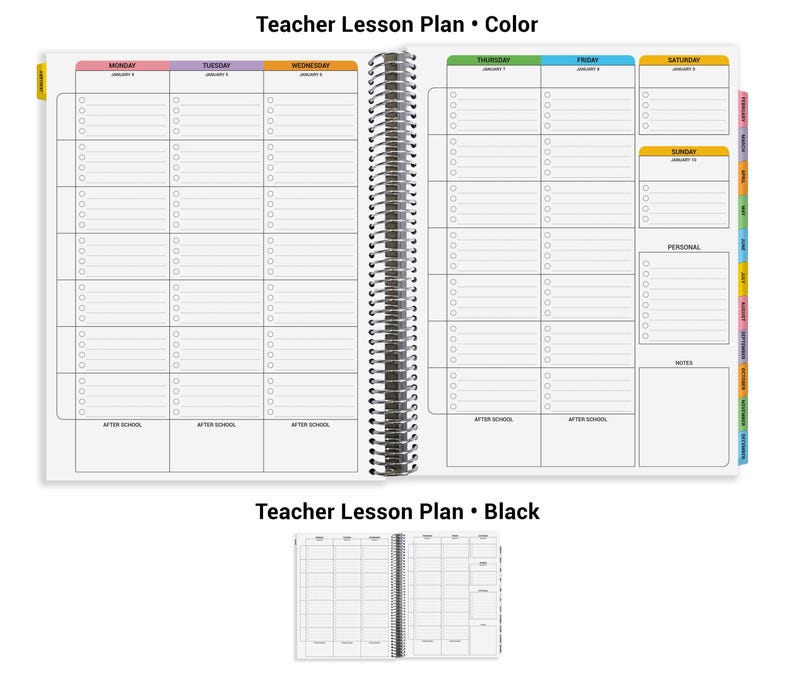 The image is a teacher lesson plan with a black background and a color-coded layout. The plan includes a weekly schedule for teacher lessons, with sections for each day of the week and a separate section for personal notes. The plan also includes a separate section for after-school activities.