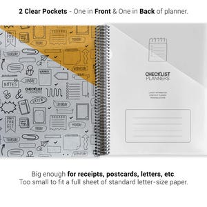 a spiral-bound notebook with two clear pockets, one in front and one in the back of a planner. The notebook has a colorful design with various icons and text, and it is too small to fit a full sheet of standard letter-size paper. The image also includes text that says "2 Clear Pockets - One in Front & One in Back of planner."