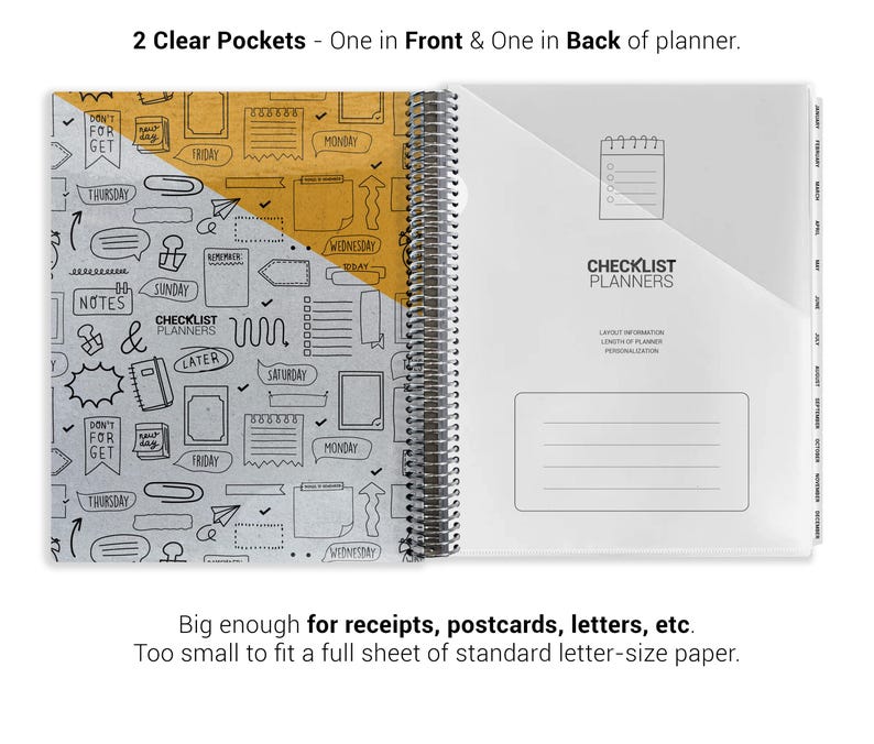 a spiral-bound notebook with two clear pockets, one in front and one in the back of a planner. The notebook has a colorful design with various icons and text, and it is too small to fit a full sheet of standard letter-size paper. The image also includes text that says "2 Clear Pockets - One in Front & One in Back of planner."