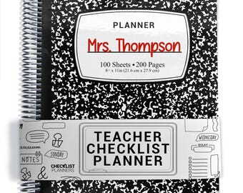 May include: A spiral-bound planner with a black and white speckled composition notebook cover. The label reads "PLANNER", "Mrs. Thompson", "100 Sheets 200 Pages", and "8.5 x 11 in (21.6 cm x 27.9 cm)". A belly band features "TEACHER CHECKLIST PLANNER".