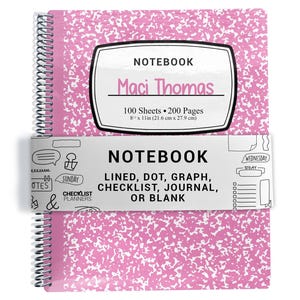 May include: A spiral-bound notebook with a pink and white speckled cover. The label reads NOTEBOOK, Maci Thomas, 100 Sheets 200 Pages, 8.5 x 11 in. A white paper band features the text NOTEBOOK LINED, DOT, GRAPH, CHECKLIST, JOURNAL, OR BLANK.
