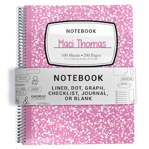 May include: Pink composition notebook with a white speckled pattern. The notebook has a label that reads "NOTEBOOK" and "Maci Thomas". It contains 100 sheets and 200 pages, measuring 8 x 11 inches (21.6 cm x 27.9 cm).
