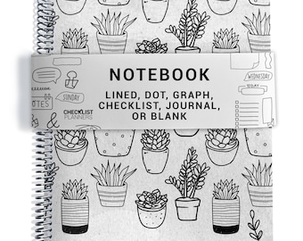 Notebook, Lined, Checklists, Dot Grid, Graph, Journal, Diary, or Blank Pages, Minimalist Plants - Silver Coil