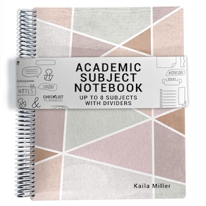 May include: A spiral-bound academic subject notebook featuring a geometric pattern of muted pink, sage green, and tan triangles. A white paper band wraps around the center with the text ACADEMIC SUBJECT NOTEBOOK UP TO 8 SUBJECTS WITH DIVIDERS.