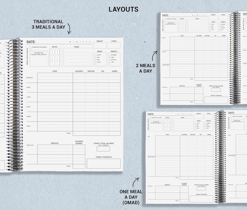 three pages of a planner are shown in three different positions