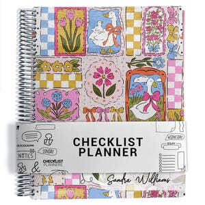 May include: A spiral-bound checklist planner featuring a colourful pattern of geese with bows, flowers, and checkered squares. A white paper band wraps around the centre with the text "CHECKLIST PLANNER" and "Sandra Williams" printed in black.