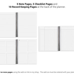 a collection of different types of notebooks and planners, including 5 Note Pages, 5 Checklist Pages, and 10 Record Keeping Pages, all arranged at the back of a planner.