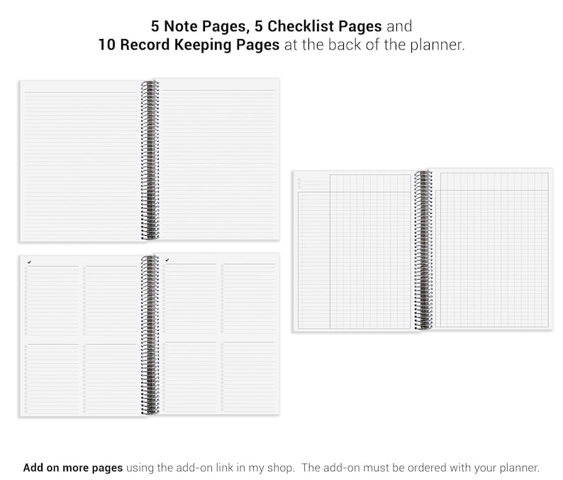 a collection of different types of notebooks and planners, including 5 Note Pages, 5 Checklist Pages, and 10 Record Keeping Pages, all arranged at the back of a planner.