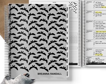 Spooky Planner, Witchy Bat Planner, To Do List, Personalized Planner 2023-2024, Vertical or Horizontal, Dark Black Planner 073