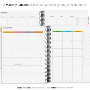 The image is a Monthly Calendar that is included at the beginning of each month. It is a spiral-bound notebook with a black interior and a color interior. The calendar displays the days of the week and months of the year, providing a structured overview of the upcoming months. The calendar is designed to help users plan and organize their time effectively.