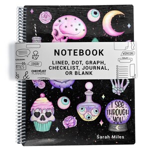 May include: A spiral-bound notebook with a black background featuring pink and purple illustrations of skulls, eyeballs, roses, a crescent moon, and a crystal ball with the text I SEE THROUGH YOU. A white paper band displays the text NOTEBOOK LINED, DOT, GRAPH, CHECKLIST, JOURNAL, OR BLANK.