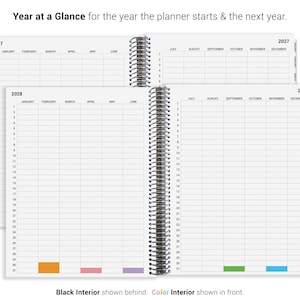The image is a page from a planner showing the months and days for the year, with a color-coded layout.