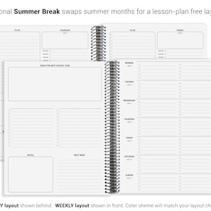 a spiral-bound notebook with a daily layout and a weekly layout, both of which are available for a lesson-plan free layout. The layout includes a daily schedule with days of the week and a weekly schedule with days of the week. The layout is designed to help users plan and organize their time effectively.