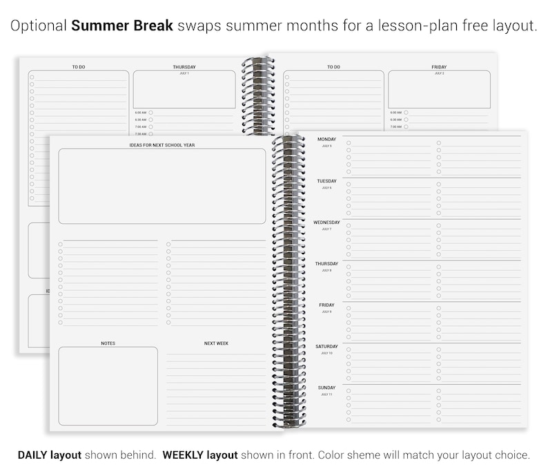 a spiral-bound notebook with a daily layout and a weekly layout, both of which are available for a lesson-plan free layout. The layout includes a daily schedule with days of the week and a weekly schedule with days of the week. The layout is designed to help users plan and organize their time effectively.