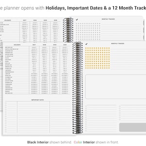 a planner with a 12-month tracking feature, including sections for holidays, important dates, and a calendar. The planner is open and ready to use.
