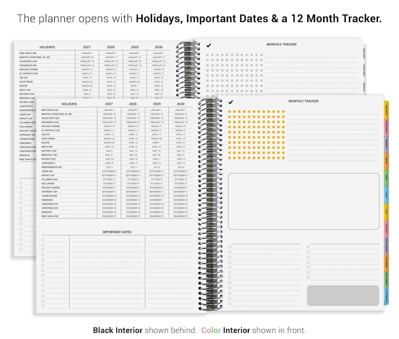 a planner with a 12-month tracking feature, including sections for holidays, important dates, and a calendar. The planner is open and ready to use.