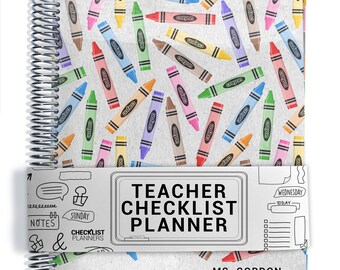 May include: A spiral-bound teacher checklist planner with a colorful crayon pattern on the cover. The planner features the text "Teacher Checklist Planner" and includes space for notes and daily planning. The cover design is updated.