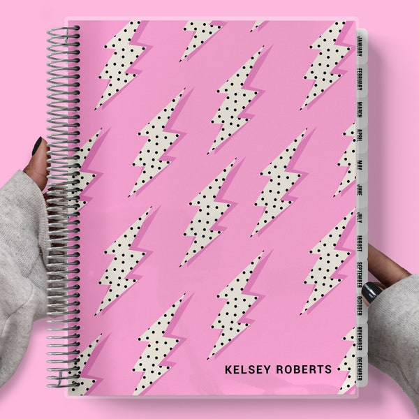 Checklist Planner, 2024 Daily, Personalized Monthly & Weekly Planner, Retro Pink Lighting Bolts, Personalized Agenda, Custom Gift 067