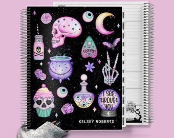 Witchy Planner, Pastel Goth Planner, To Do List, Personalized Planner 2024-2025, Vertical or Horizontal, Black Magical Planner 038