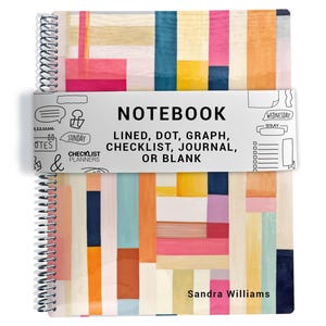 May include: A spiral-bound notebook featuring a colorful geometric pattern of vertical and horizontal rectangles in pink, orange, yellow, blue, and white. A white paper band displays the text: NOTEBOOK LINED, DOT, GRAPH, CHECKLIST, JOURNAL, OR BLANK.
