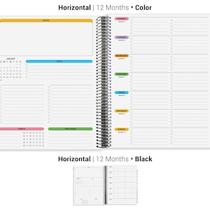 The image is a 12-Month Horizontal planner with a black cover, featuring a calendar, a weekly schedule, and a color-coded system for tracking tasks and events.