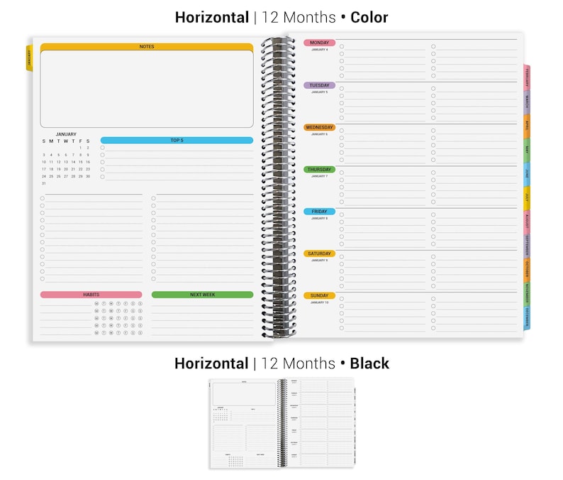 The image is a 12-Month Horizontal planner with a black cover, featuring a calendar, a weekly schedule, and a color-coded system for tracking tasks and events.